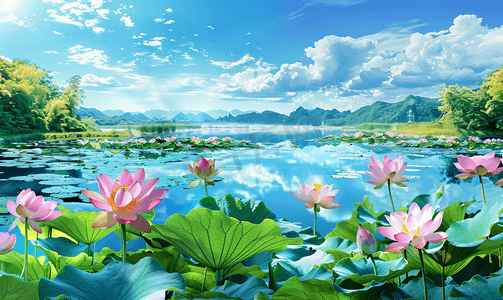 彩色夏季夏天荷花池塘风景