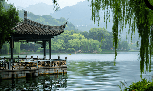 喜鹊中国画摄影照片_中国的西湖风景