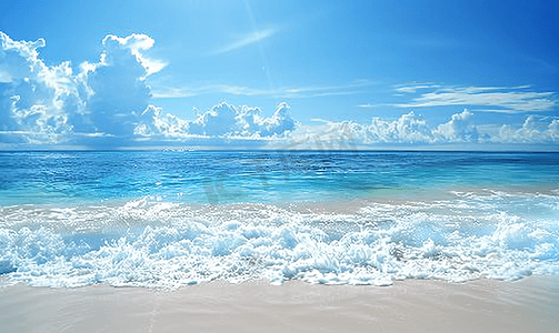 夏天沙滩大海背景摄影照片_碧海蓝天白沙滩摄影图