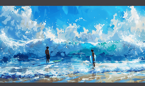 手绘中国风景摄影照片_夏天在蓝色的海洋波浪冲浪者