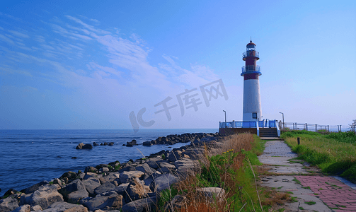 灯塔大海摄影照片_日照海边灯塔摄影图