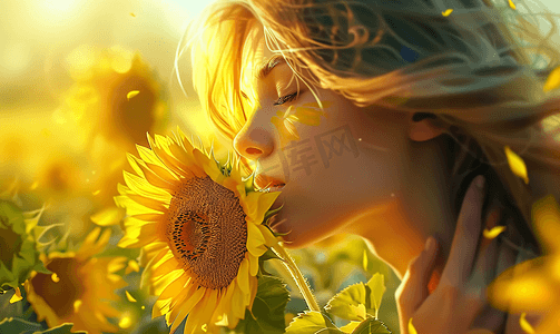 美女摄影照片_少女闻着向日葵的花香