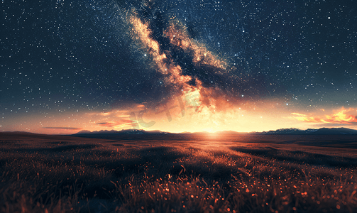 星空半夜银河草原移动摄影图