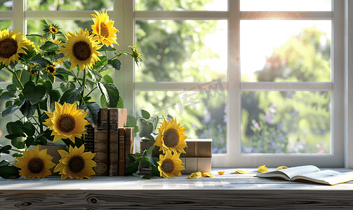 向日葵书摄影照片_放在窗台上的向日葵和书