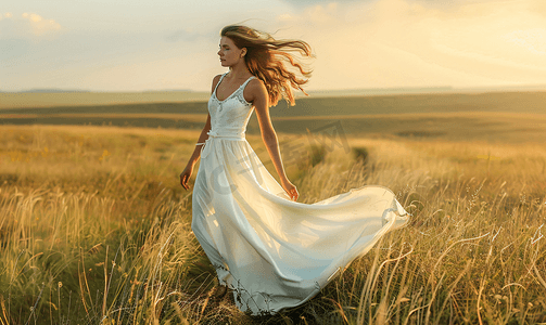 走路摄影照片_清新文艺白天穿着白裙子的美女户外草坪迎风走路摄影图