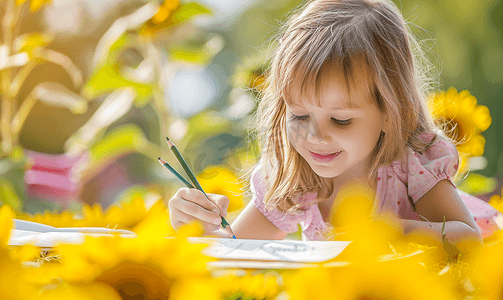 夏儿童摄影照片_向日葵里画画的孩子