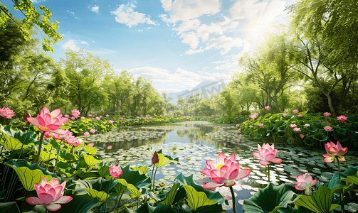 中式湖摄影照片_荷花池风景摄影图