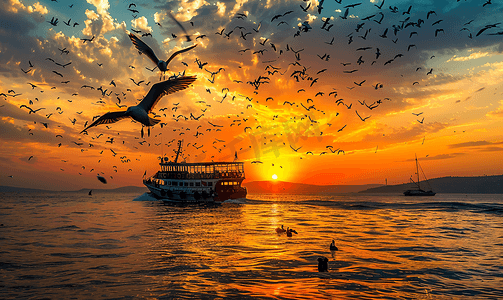 土耳其烤鱼摄影照片_海上夕阳土耳其风景