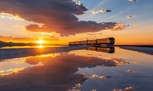 青海夕阳西宁茶卡盐湖火车摄影图