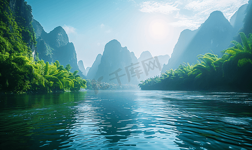 山水素雅摄影照片_广西桂林玉龙江喀斯特山水景观