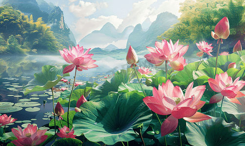 大荷花摄影照片彩色夏季夏天荷花池塘风景