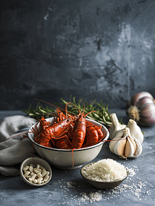 美食摄影照片_美食夏天蒜蓉小龙虾桌面暗调摄影图