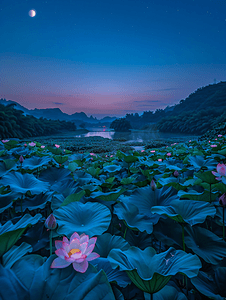 处暑背景图摄影照片_湖南长沙夜晚荷塘月色日落荷花摄影图