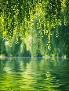 绿色的柳枝摄影照片_水面上的柳枝夏天柳叶河边垂柳摄影图