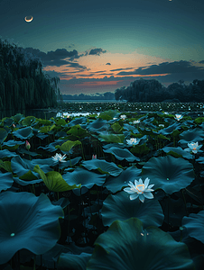 湖南背景摄影照片_湖南长沙夜晚荷塘月色日落荷花摄影图