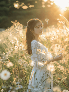 写生营调幅摄影照片_文艺美女夏天美女户外草坪正步走摄影图