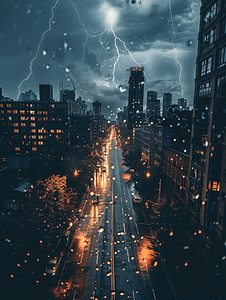 极端城市雷雨闪电天气白天雷阵雨城市城市暴雨摄影图