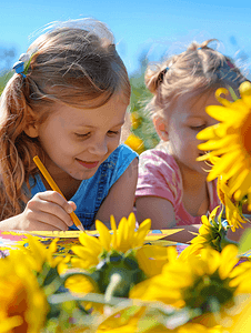 孩子美术摄影照片_向日葵里画画的孩子