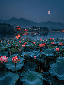 月亮夜晚背景摄影照片_湖南望城夜晚荷塘月色荷花摄影图