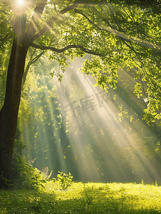 农村田野卡通背景摄影照片_公园阳光束穿过树木森林
