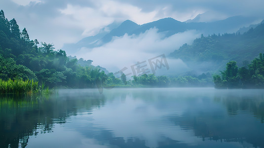 水墨高山摄影照片_高山雾湖清晨的湖泊照片