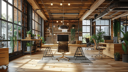 现代化办公室内部地板工业风格高清图片