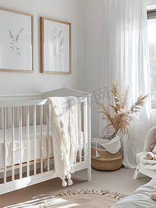 婴儿卧室与木制婴儿床摄影图