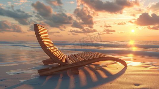 沙滩躺椅大海日落图片