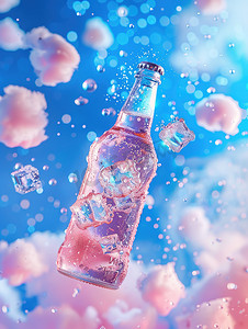 啤酒瓶摄影照片_玻璃啤酒瓶清凉冰块摄影图