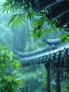 城市宽屏摄影摄影照片_雨天屋檐挂着风铃摄影照片