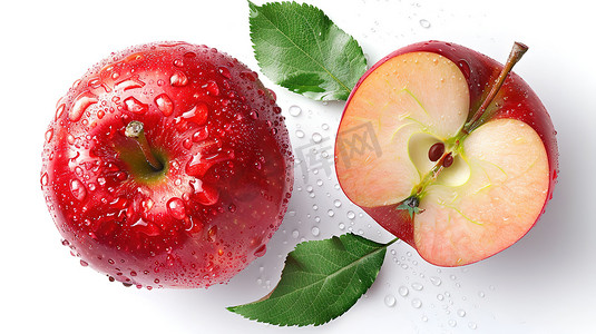 切开的苹果摄影照片_白色背景带有水滴的苹果摄影图
