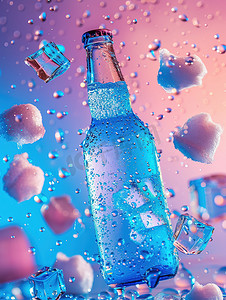 玻璃啤酒瓶清凉冰块高清图片