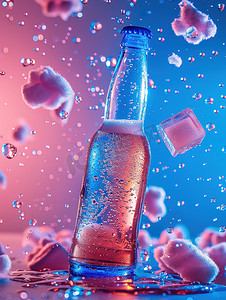 玻璃啤酒瓶清凉冰块照片