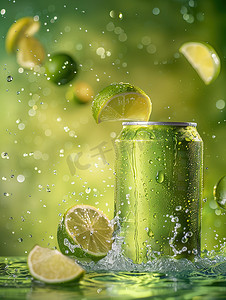软饮料摄影照片_绿色软饮料罐柠檬果汁摄影配图