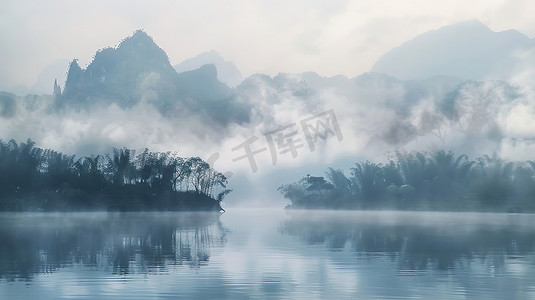 水墨高山摄影照片_高山雾湖清晨的湖泊摄影配图