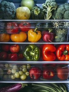 双开门冰箱摄影照片_冰箱存放的水果蔬菜图片