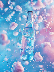 啤酒瓶摄影照片_玻璃啤酒瓶清凉冰块照片