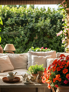 露台阳光沙发花朵绿色植物摄影图