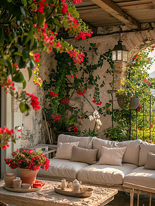 露台阳光沙发花朵绿色植物照片
