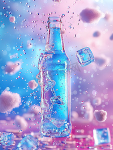 玻璃啤酒瓶清凉冰块摄影图