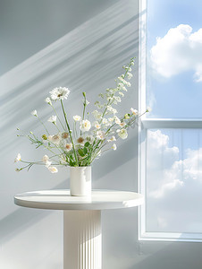 白色圆桌装饰着鲜花高清图片