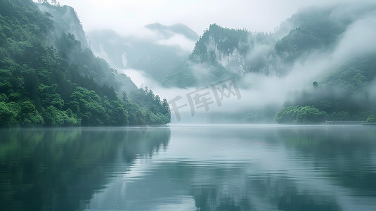 水墨湖泊摄影照片_高山雾湖清晨的湖泊照片