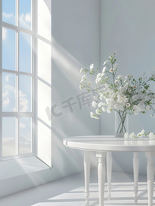 白色圆桌装饰着鲜花高清图片