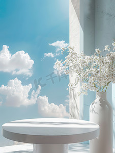 窗台图片摄影照片_白色圆桌装饰着鲜花高清图片