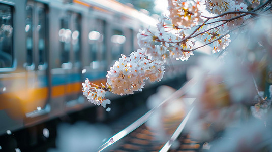 高铁樱花立体描绘摄影照片