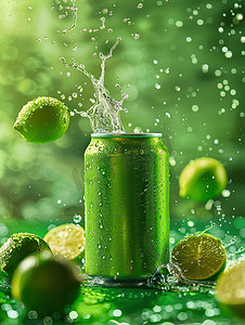 软饮料摄影照片_绿色软饮料罐柠檬果汁高清图片