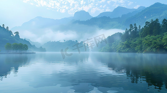 水墨湖泊摄影照片_高山雾湖清晨的湖泊摄影照片