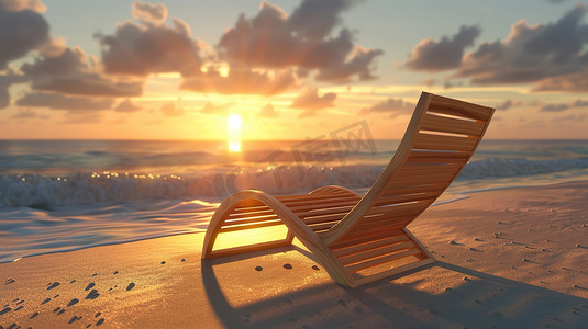 夏天摄影照片_沙滩躺椅大海日落摄影配图