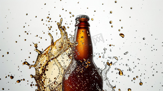 啤酒饮料从瓶子里飞溅照片