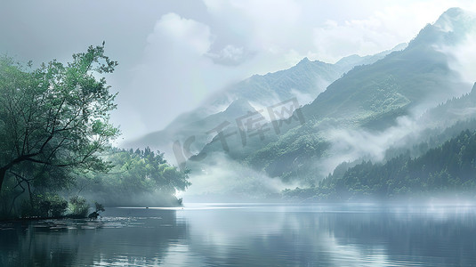水墨湖泊摄影照片_高山雾湖清晨的湖泊照片